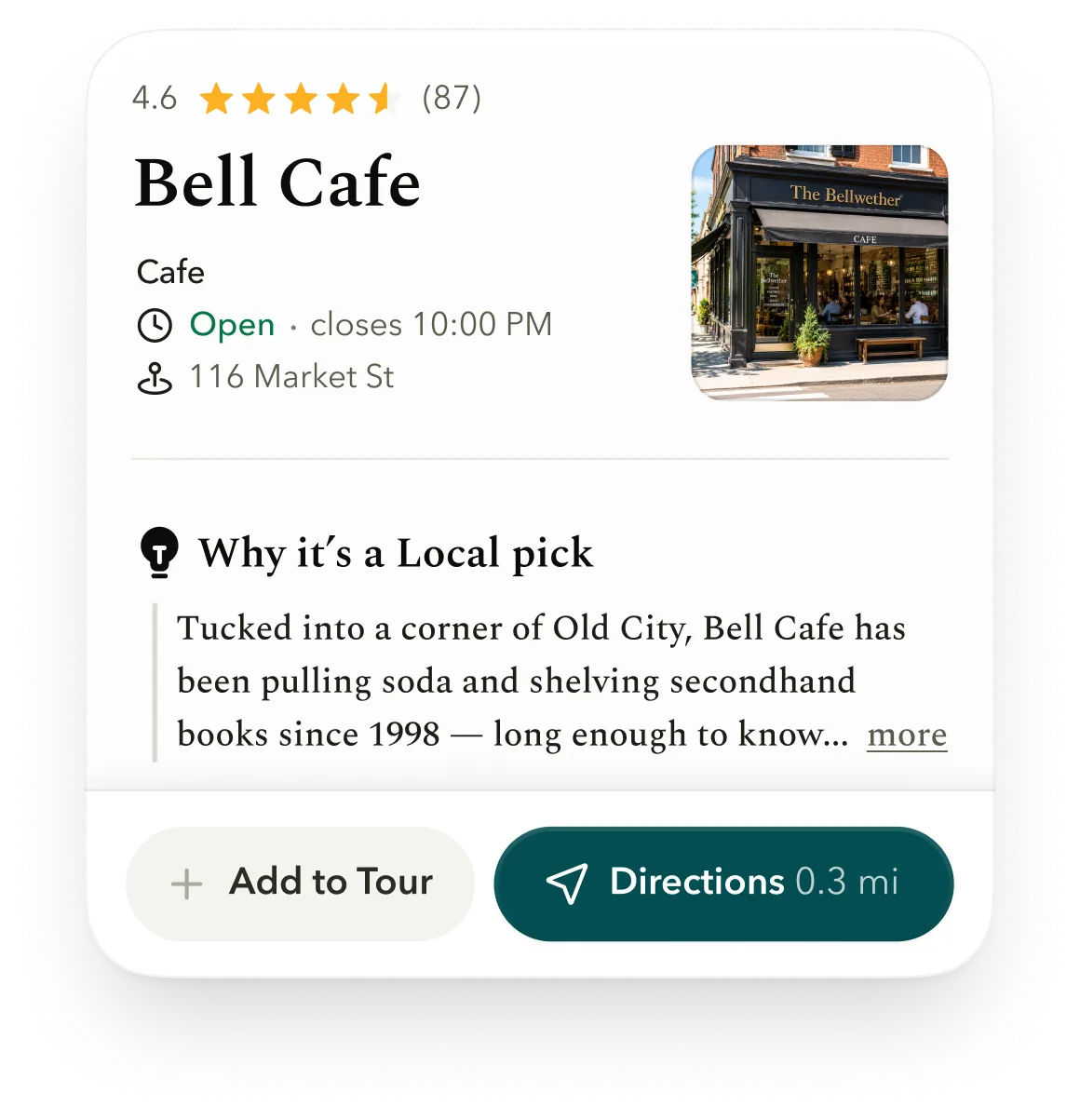 A local listing card for Bell Cafe with hours, rating, and directions