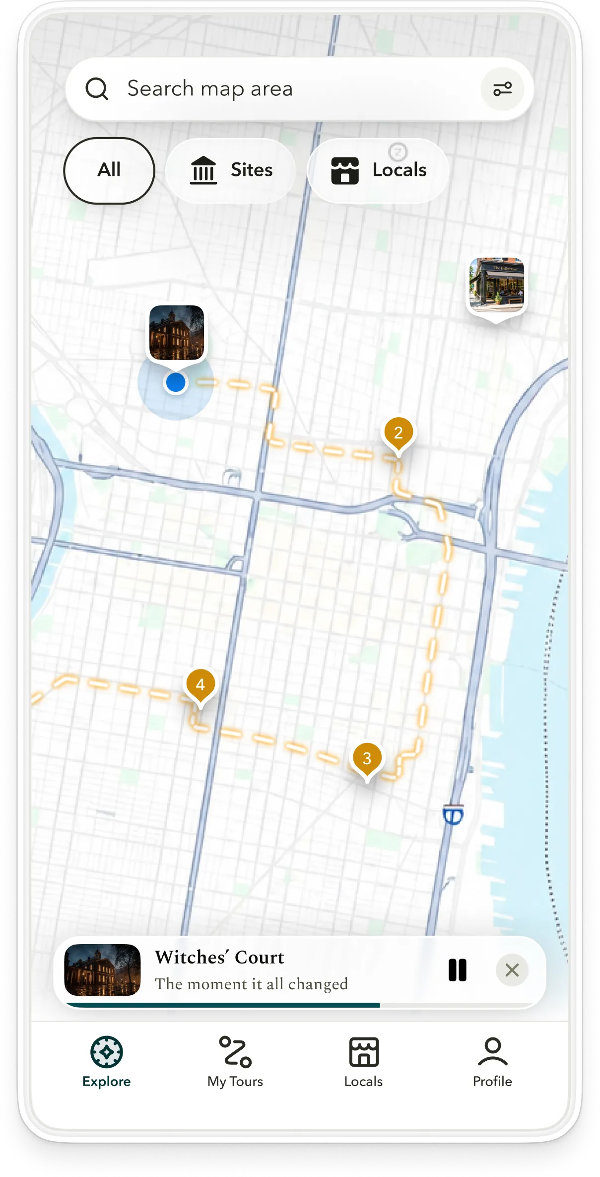 The GenStory map showing sites and locals along a guided walking route
